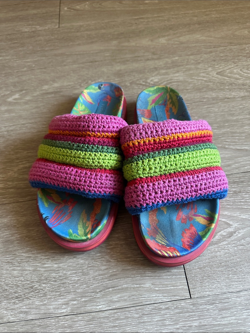FARM Rio Pink Crochet Slide Sandals with Multicolor Footbed